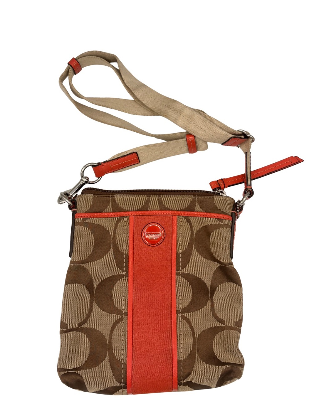 Coach Signature C File Crossbody Bag Brown/Khaki Canvas Orange Stripe F28502